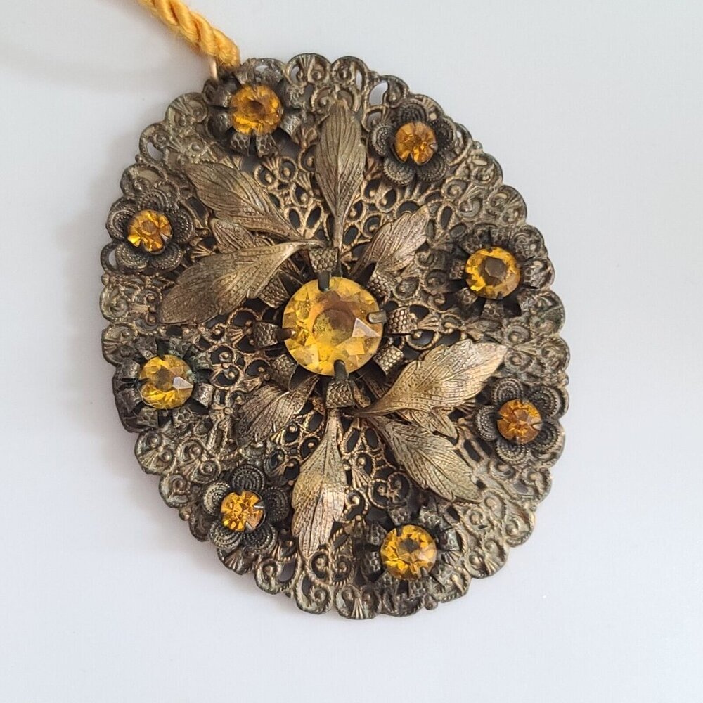 Vintage Czech Glass yellow faux citrine pendant charm brass filigree large oval